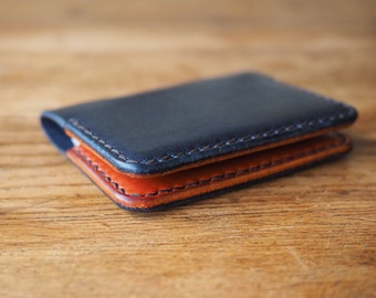 Leather wallet, bifold wallet, leather card holder, dark blue leather, auburn tan leather, leather gift, christmas gift
