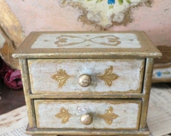 Vintage Florentine 2 Drawer Jewelry Box Cream & Gold Wood Finish-Made in Italy~Great Gift Idea!