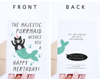 Cat Mermaid, Printable Birthday Cards, Funny Tuxedo Cat Birthday Cards Instant Download, Quirky Humor Birthday, For Her, Him, For Friends
