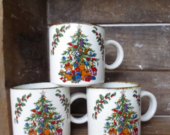 Vintage English Christmas Mugs Christmas Tree Retro 1970s Coffee Mugs Christmas Crackers Opening Tree Teddy Bear Doll Toys Made in England