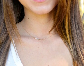 Delicate Pearl Necklace, Single Pearl Necklace, Double Pearl Necklace, Friendship Necklace, Pearl Bar Necklace, Gold Filled, Sterling Silver
