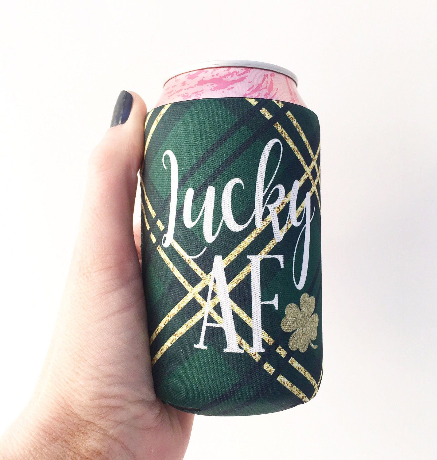 Lucky AF St. Patricks Day Plaid Shamrock Beverage Insulator/Hugger
