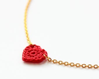 Crochet heart necklace gold, Crochet necklace, Heart jewelry, Hypoallergenic necklace minimalist