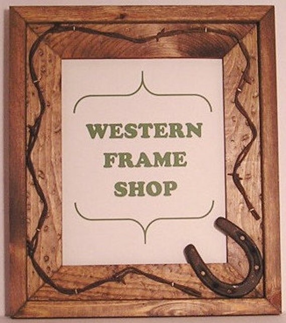 Handmade Wood Frame with Horseshoe and Barb Wire. Cowboy or