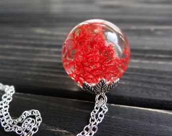 Red necklace nature necklace moss terrarium jewelry nu goth pressed flowers lichen halloween necklace resin jewelry ball necklace orb sphere