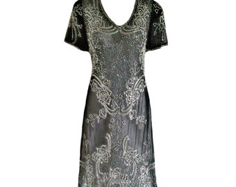 Linda agrémentée robe, robe des années 1920 de Style Gatsby le magnifique grand, Charleston robe Flapper à paillettes, courte soirée gris perlé robe de bal,