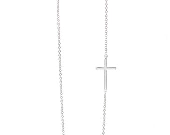 Sideways Cross Necklace Sterling Silver Offset Cross On The Side Delicate Small Dainty Simple Off Centered