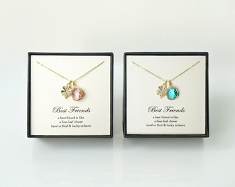Best Friends Necklaces - Set of 2 Gold Four Leaf Clover, Blush Pink & Turquoise Glass Necklaces, Matching Best Friends Necklaces Gift Set