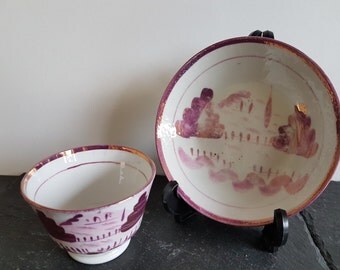 19thC Pink Lustreware Teacup And Saucer ~ Pink Lustre Tea Bowl Or Handleless Cup & Saucer From 1800s ~ Sunderland Lusterware ~ No Damage