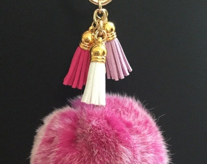 Hot Pink Frost Rex Rabbit Fur Pompon bag charm pendant Fur Pom Pom keychain with 3 suede tassels