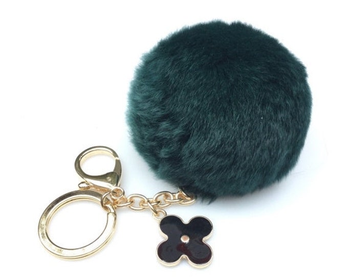 Emerald fur pom pom keychain REX Rabbit fur pom pom ball with flower bag charm