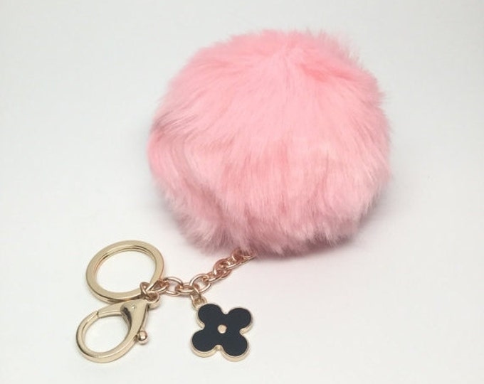 Dreamy Pink Faux Rabbit Fur Pom Pom bag Keyring keychain fake ball puff