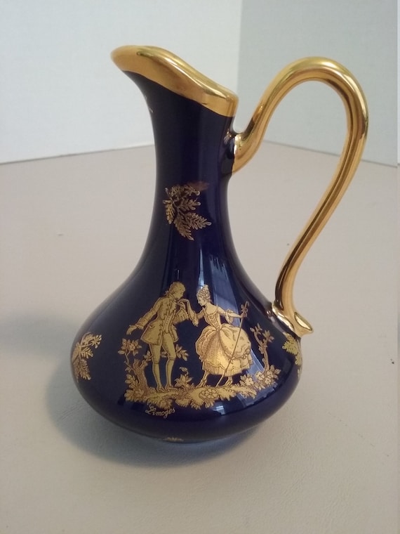 Limoges France Small Pitcher Cobalt Blue Gold Trim