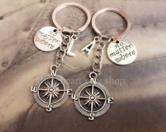 Compass Keychain, Friendship Keychains,Best Friend Keychain, No Matter Where Friends Keychain,Personalized Friendship gift, Initial Keychain