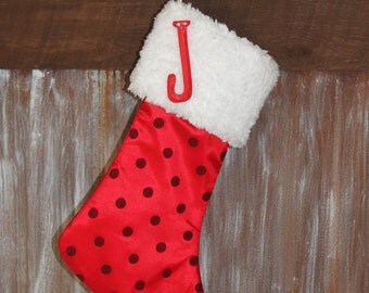Red Polka Dot White Fur Christmas Stocking, Personalized Monogram Fur Christmas Stockings