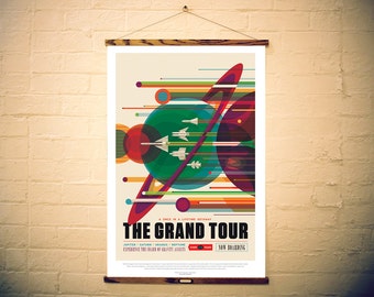 NASA Print Space Travel Giclee Canvas Retro Poster with Oak Frame Hanger option - The Grand Tour - JPL ExoPlanet, Mars Jupiter Saturn