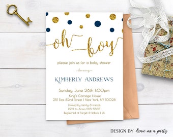 Oh Boy Navy Blue Baby Shower Invitation , Oh Boy Invitation , Blue and Gold Baby Shower Invitation , Printable , Personalized , JPEG or PDF