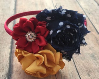 Navy, Mustard, Scarlet headband - Fall Wedding Headband - Fall Headband - Toddler Headband - Flower girls headband - Hard headband - Fall