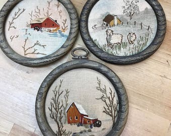 Set of 3 vintage needlepoint pictures barn farmhouse and sheep