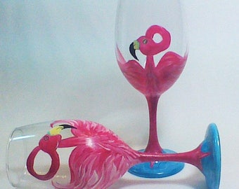 Set of Two Hand Painted Wine Glasses with Fancy Pink Flamingos