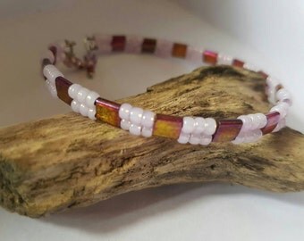 Miyuki beads, miyuki tila beads, memory wire bracelet, toho seed beads, stacking bracelet, everyday wear, pale pink silver lined seed beads,