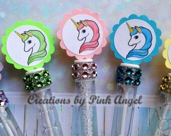 Set of 12 Unicorn Bubble Wands, Unicorn Party Favors, Unicorn Birthday Favors, Pink Blue Purple Green Unicorn Favors
