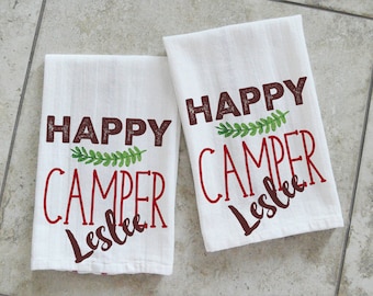 Personalized Happy Camper Kitchen Towels, Travel Trailer Decor, Dish Towels, RV Gift, Two Towels, TEA-006