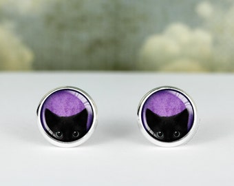 Peeking purple cat earrings · black cat earrings studs · silver cat studs · gift for her · 12mm and 16mm earring · cat stud earrings jewelry