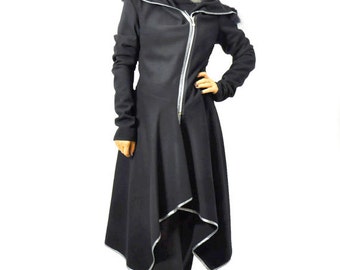 Black wool coat/Wool cashmere blend/Asymmetrical wool coat/Zipper coat/Wool jacket/Blazer/Woman long coat/Hooded coat/Hooded coat/C1315