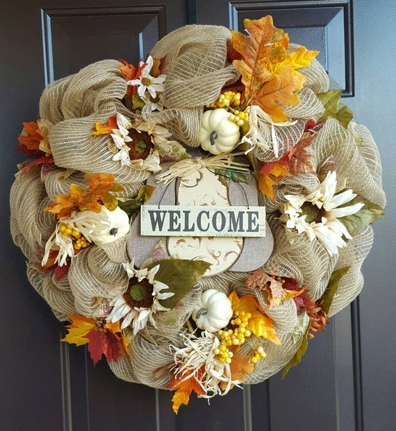 Welcome Fall Wreath Welcome Autumn Wreath Pumpkin Wreath