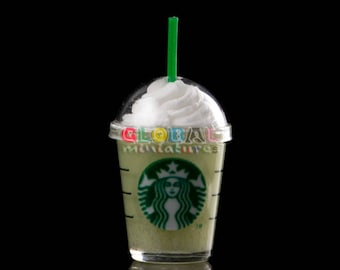 Dollhouse Miniatures Clear Plastic Glass of Starbucks Green Tea Cream Frappe Closed with Dome Cap and Straw Drinks Coffee - 1:12 Scale