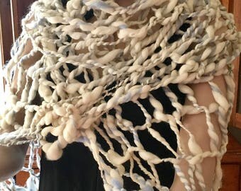 Handspun Australian Wool Shawl Wrap-Blue Grey Cream-Luxury Knit-Soft Squishy Art Yarn Shawl-Chunky Art Yarn Knit