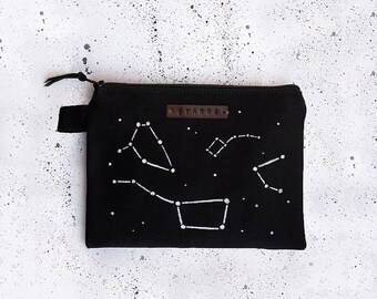 Space Constellations Zipper Pouch, Pencil Case, Cosmetic bag with handmade print