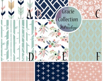 Custom Nursery Set / Crib Set / Baby Girl Bedding - Gracie Collection by Fabricology - Modern / Floral / Navy / Coral / Mint / Woodland