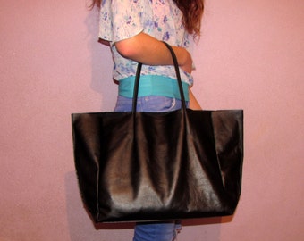 Black leather tote bag Shopping bag Large shopper Laptop bag Women gift Handmade Handbag Valentines gift Gift for her