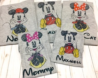 SUMMER SALE Custom Minnie scribble shirt, Mickey sketch, family Disney shirt, disney family shirts, personalized, Mickey Mouse scribble, mic