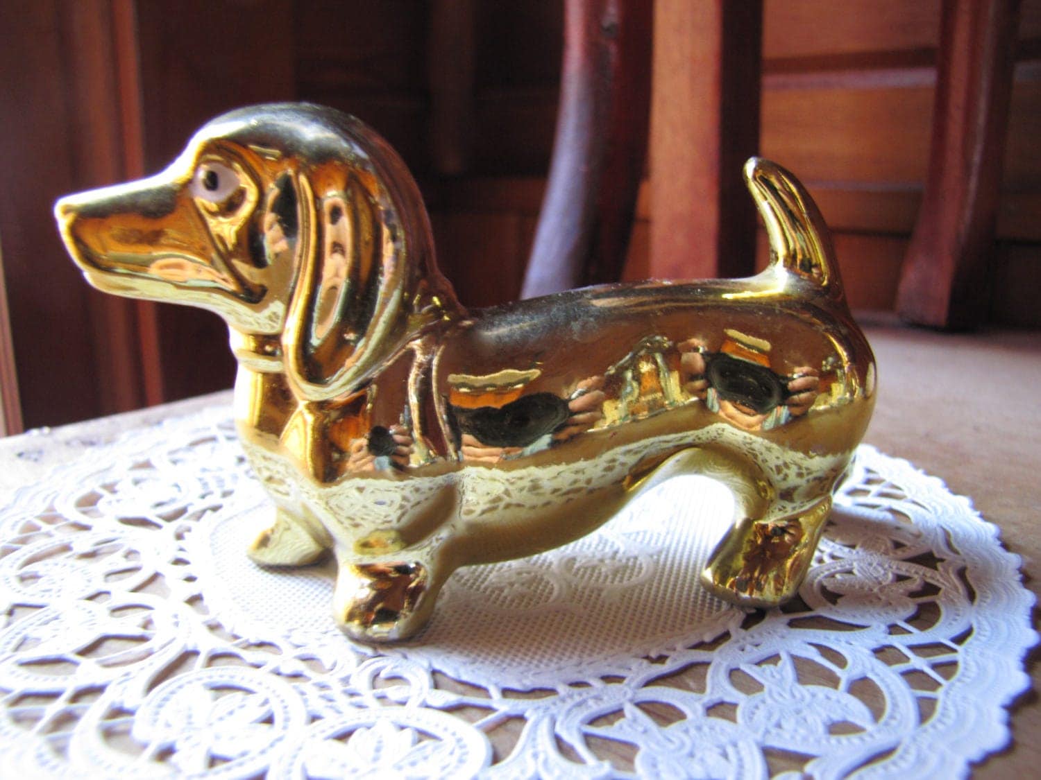 Vintage Dachshund Ceramic Figurine Bright Gold Color