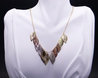 Unique 14k Tri Color Gold Yellow White Rose Leaf Tree Pendant Necklace 18 inch
