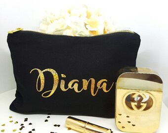 Personalized Cosmetic Bag, Bridesmaid Gift, Make Up Bag, Cosmetic Bag, Custom Cosmetic make up, Bridesmaid Bag,Gold Personalized Bag,