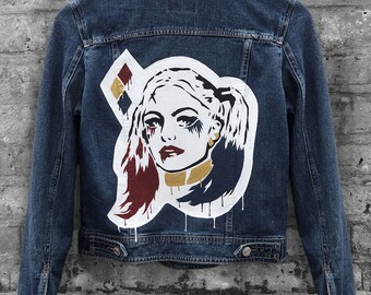 Harley Quinn Inspired Hand-Painted Blue Denim Jacket (Size: US 4, UK 8, EURO 36)
