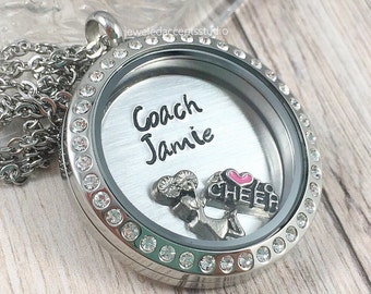 Cheer Coach Necklace, Floating Locket, Cheer Coach Gift, Hand Stamped Jewelry, Cheer Coach Locket, Personalized Cheer Coach, End Of Season