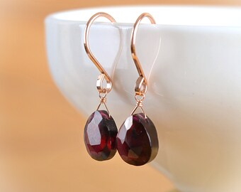 Rhodolite Garnet Earrings, Red January Birthstone Earrings, Dangle Drop Earrings Leverback Earrings: Rose Gold, Gold Filled, Sterling Silver