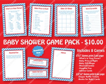 Blue and Red Baby Shower Game Pack - 70% OFF -PRINTABLE Boy Shower Games- 8 Pack- Bright Blue Red -Chevron Party Seuss Diaper Raffle 13-2