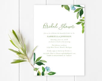 Green foliage Bridal Shower Invitation | Nature inspired bridal shower invitation with lush watercolor green leaves and small blue flowers