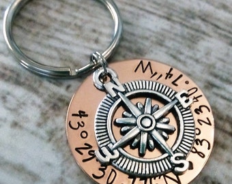 Personalized Coordinates Key Chain, Latitude, Longitude, GPS Key Chain, Coordinates Keychain, Compass Key Chain, Gift For Husband, Wife Gift