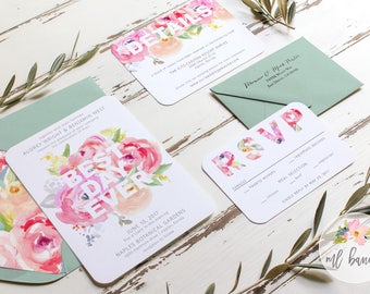 Best Day Ever Watercolor Wedding Invitation Set in Pink // Digital or Printed //