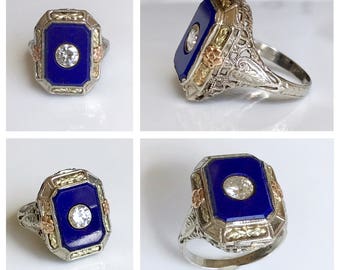 Art Deco Engagement Ring,1920s Engagement Ring,Antique Lapis Diamond Ring,1920s Diamond Ring,European Cut Diamond, Mine Cut Diamond,Size 6