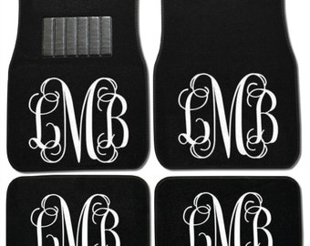 Silver Glitter Monogrammed Car Mats, Black Carpet Mats, Universal Fit
