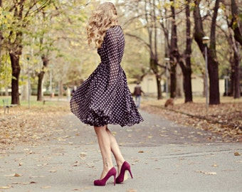 50 years polka dot dress/gown with long sleeves/custom made/