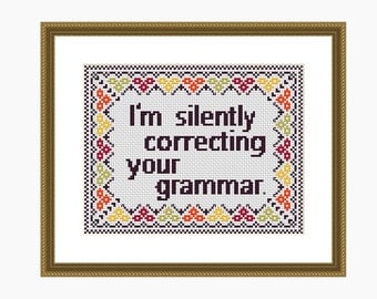 Cross stitch pattern, Modern cross stitch, CORRECTING GRAMMAR cross stitch chart - Instant download PDF
